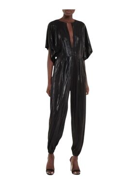 NORMA KAMALI Rectangle Jog Stretch-Lamé Jumpsuit Black Plunge Neckline Size L